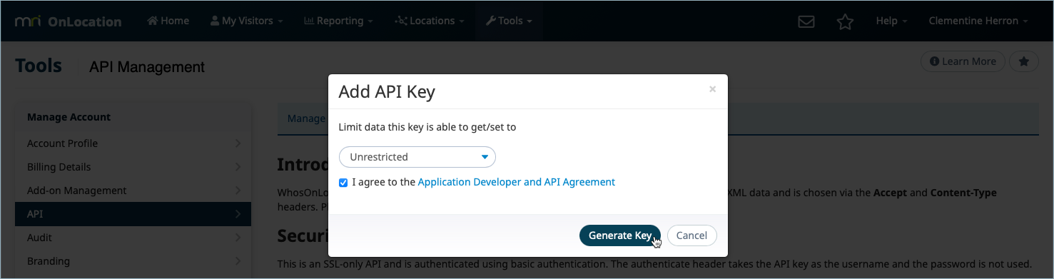 Add API key pop-up window in OnLocation