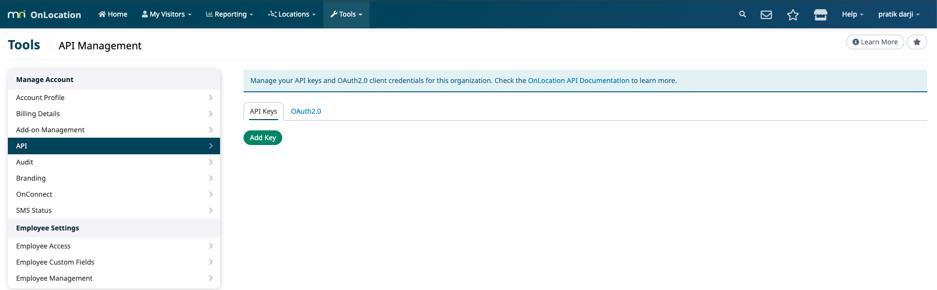 Add API key button in OnLocation