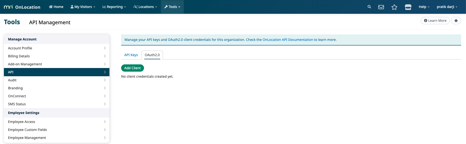 Add API Client button in OnLocation